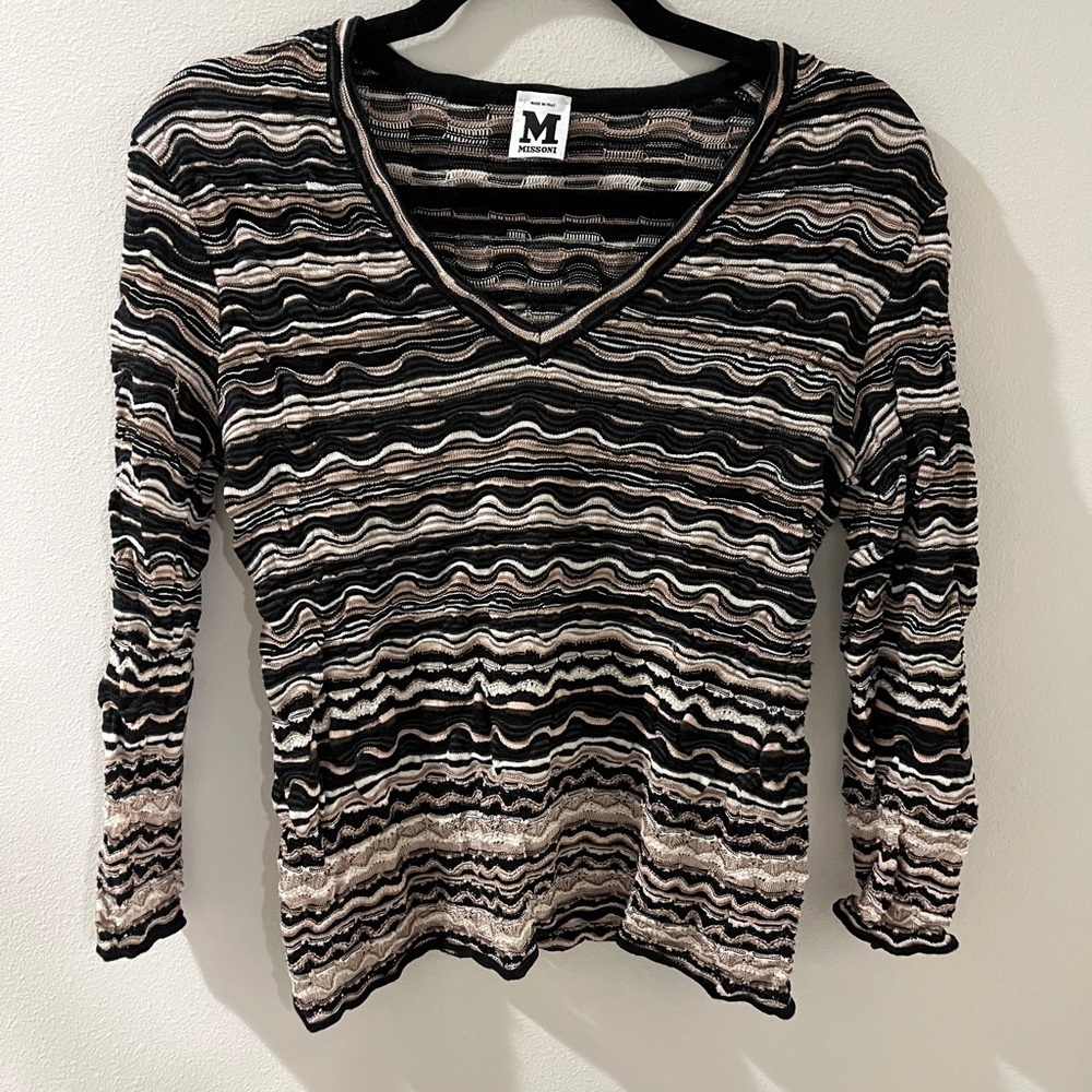 Missoni Size 10 Striped V-Neck Merino Wool Blend Knit Long Sleeve Shirt Italy - Picture 7 of 7
